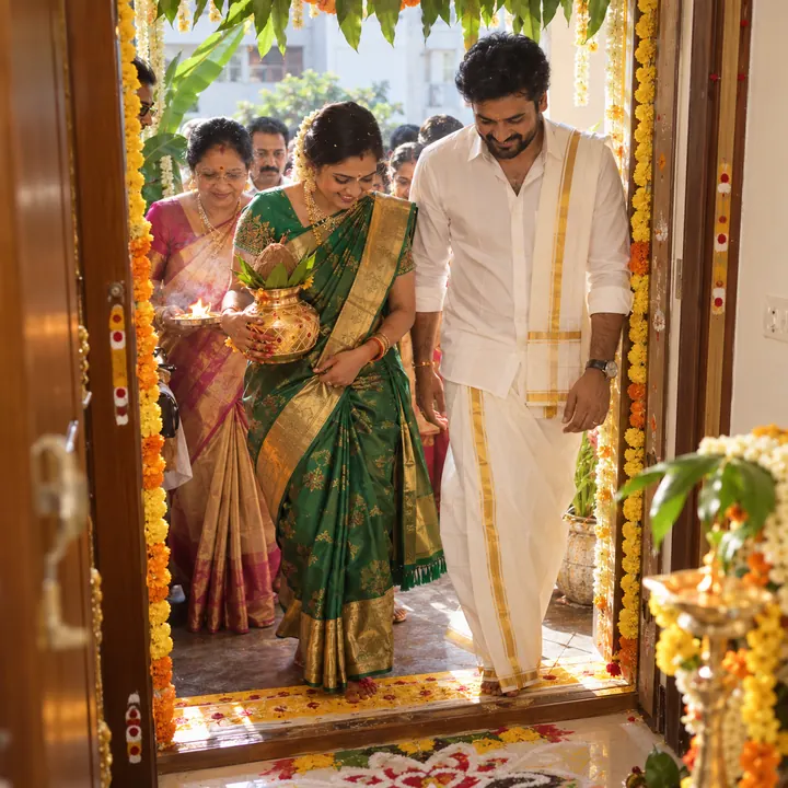Couple stepping into their new home with the kalasham