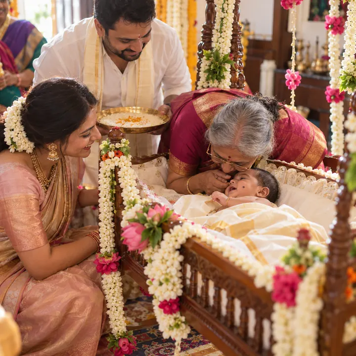Grandmother whispering the baby's name at the cradle