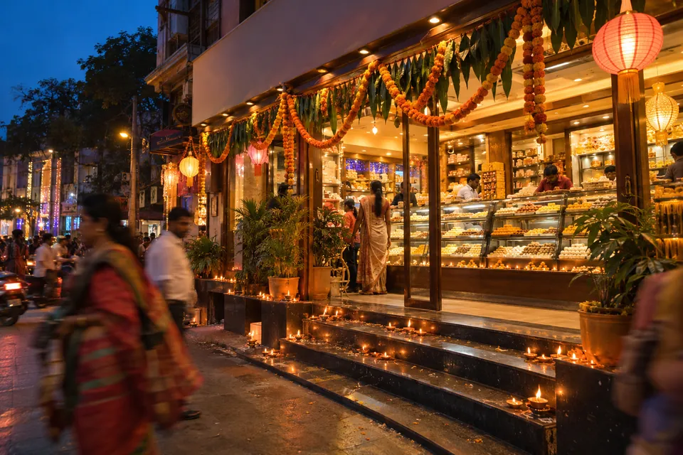 A sweet shop decorated with diyas and lanterns on Diwali evening, with customers on the street