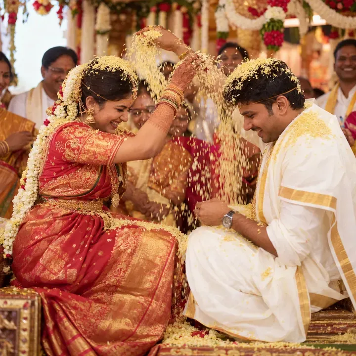 A Telugu bride and groom showering each other with talambralu rice at their wedding, the kind of photo families share in the album