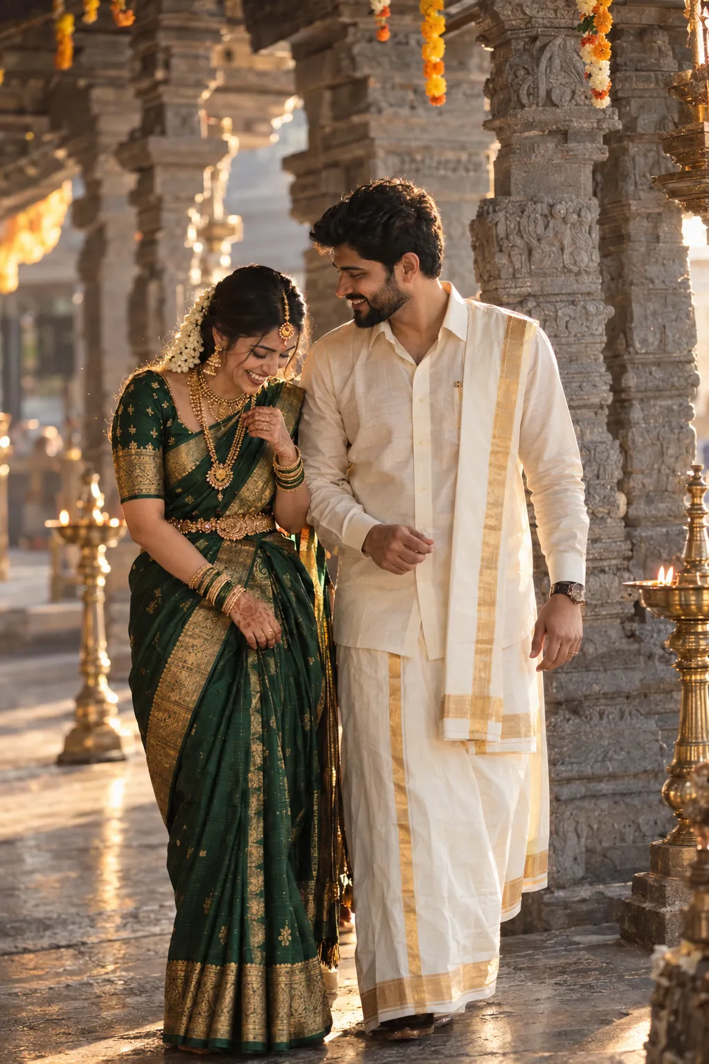 A couple in traditional South Indian wedding attire laughing together at a temple