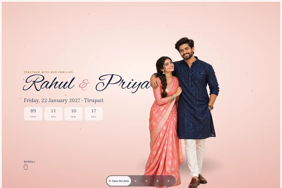 Screenshot of a sample Toran wedding website showing the names Rahul and Priya, the wedding date and a countdown