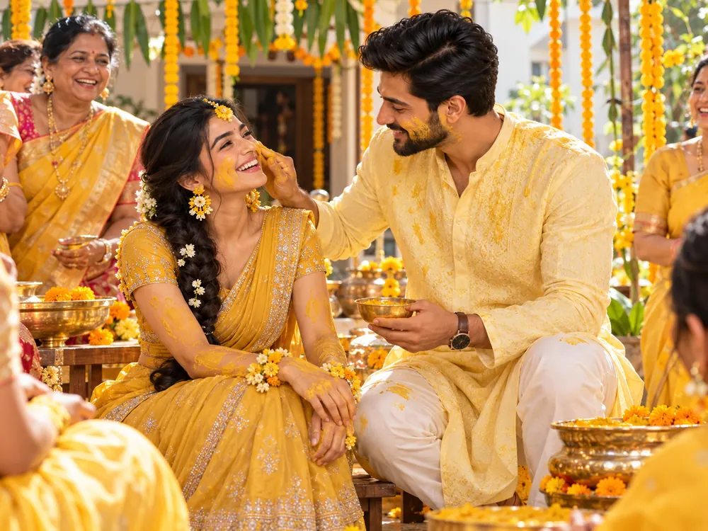 Sita laughing with turmeric on her cheeks at the haldi