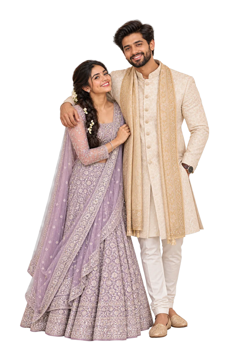 Rama in an ivory sherwani and Sita in a lavender lehenga for the engagement