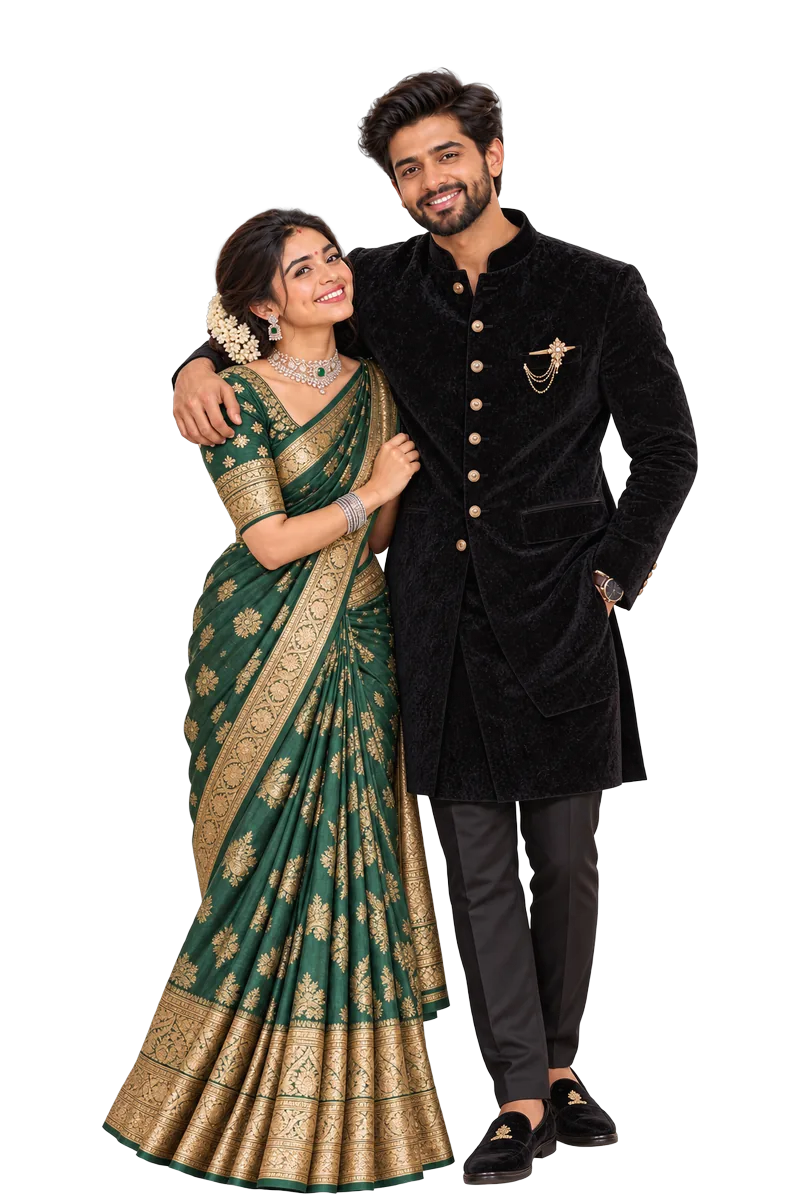 Sita in an emerald saree and Rama in a black bandhgala for the reception