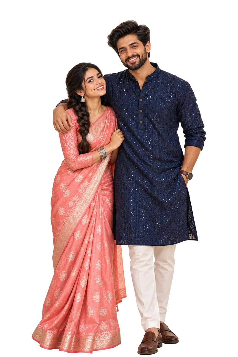 Rama in a navy kurta and Sita in a coral-pink silk saree