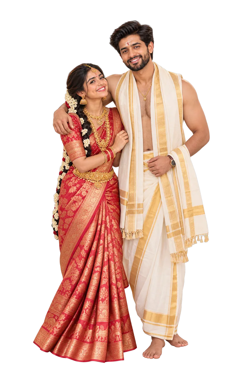 Sita in a red Kanjeevaram saree and Rama in a cream pancha for the wedding
